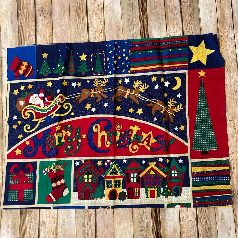 Colorful Holiday Fabric Panel with Santa and Reindeer New 30” X 44”